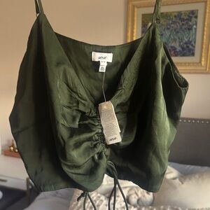 Aerie Dark Green Satin Ruched Cami
